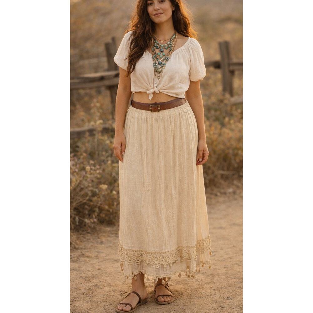 Krazy Kat NWT Skirt Y2K Beige Crochet Tasseled Skirt Sz L Hippie Boho Gypsy